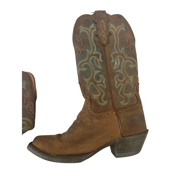 Justin Teal and Brown Square Toe Cowboy Boots - Picture 6 of 8